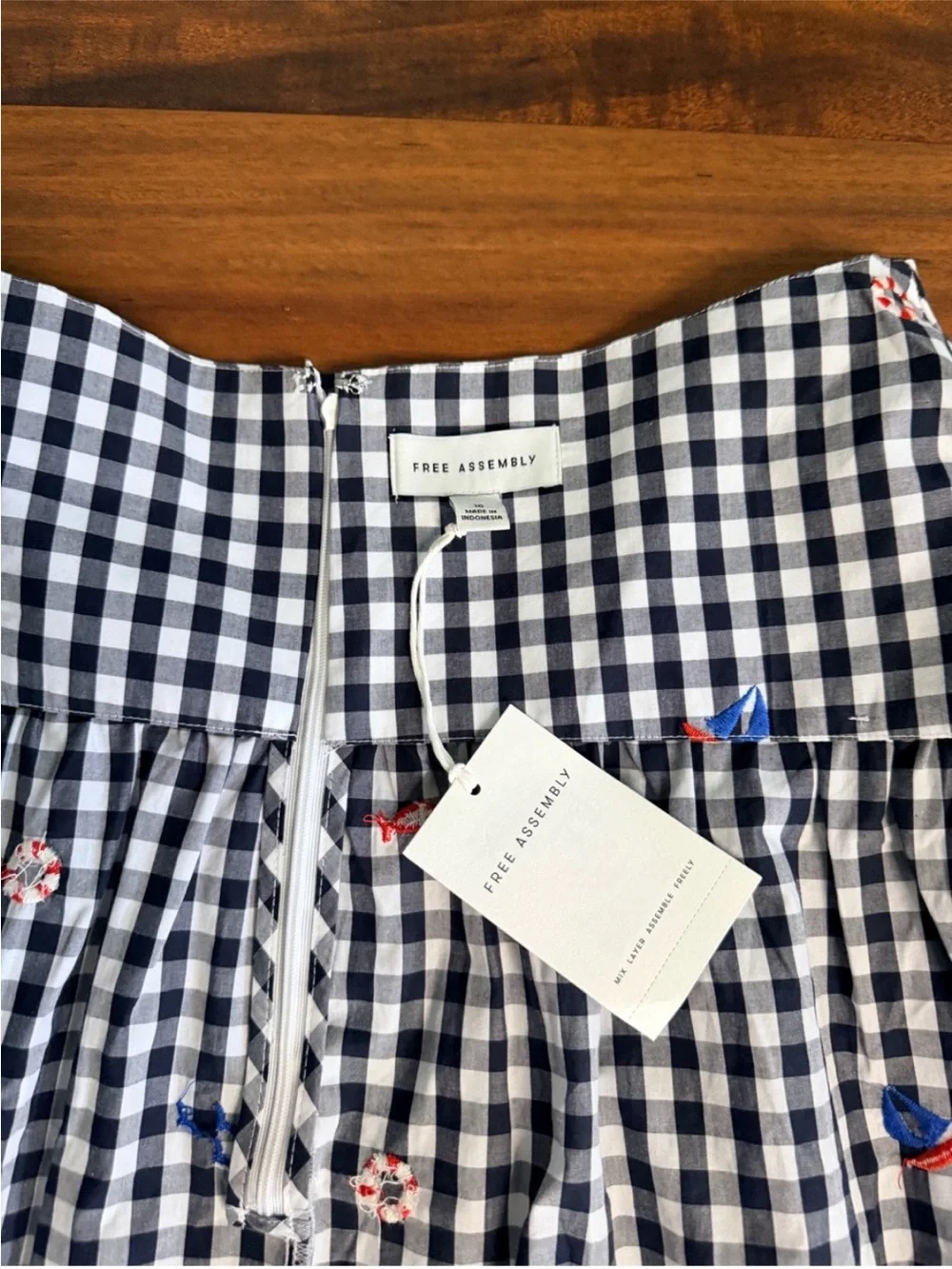 Navy and White Gingham A-Line Skirt with Nautical Embroidery